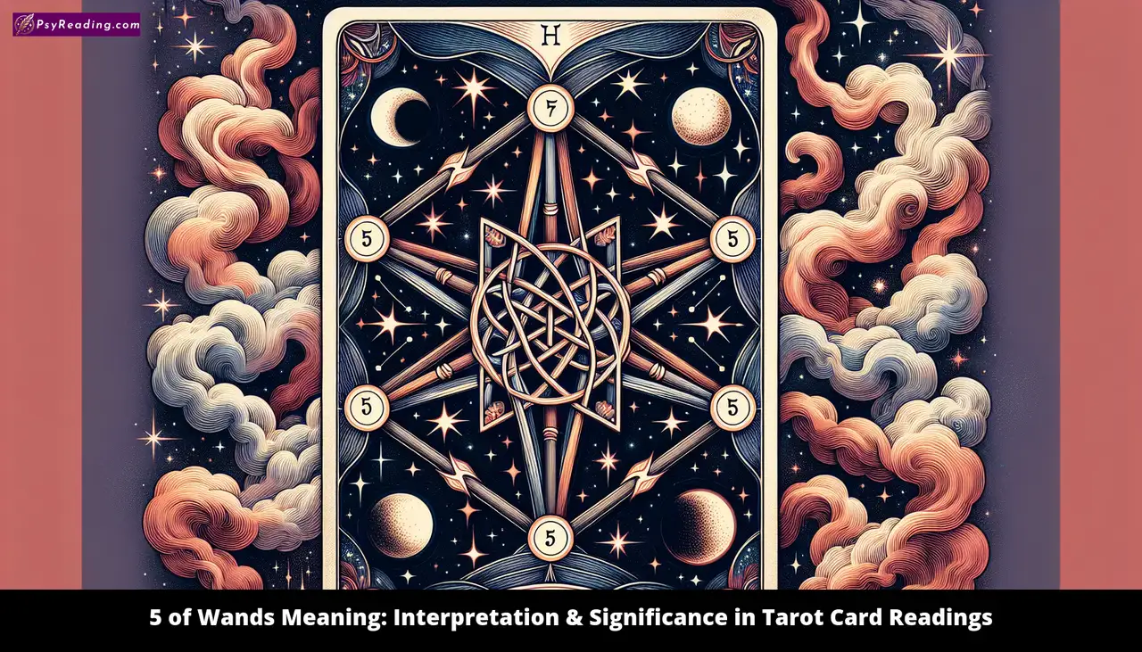 Tarot card with five wands, symbolic interpretation.