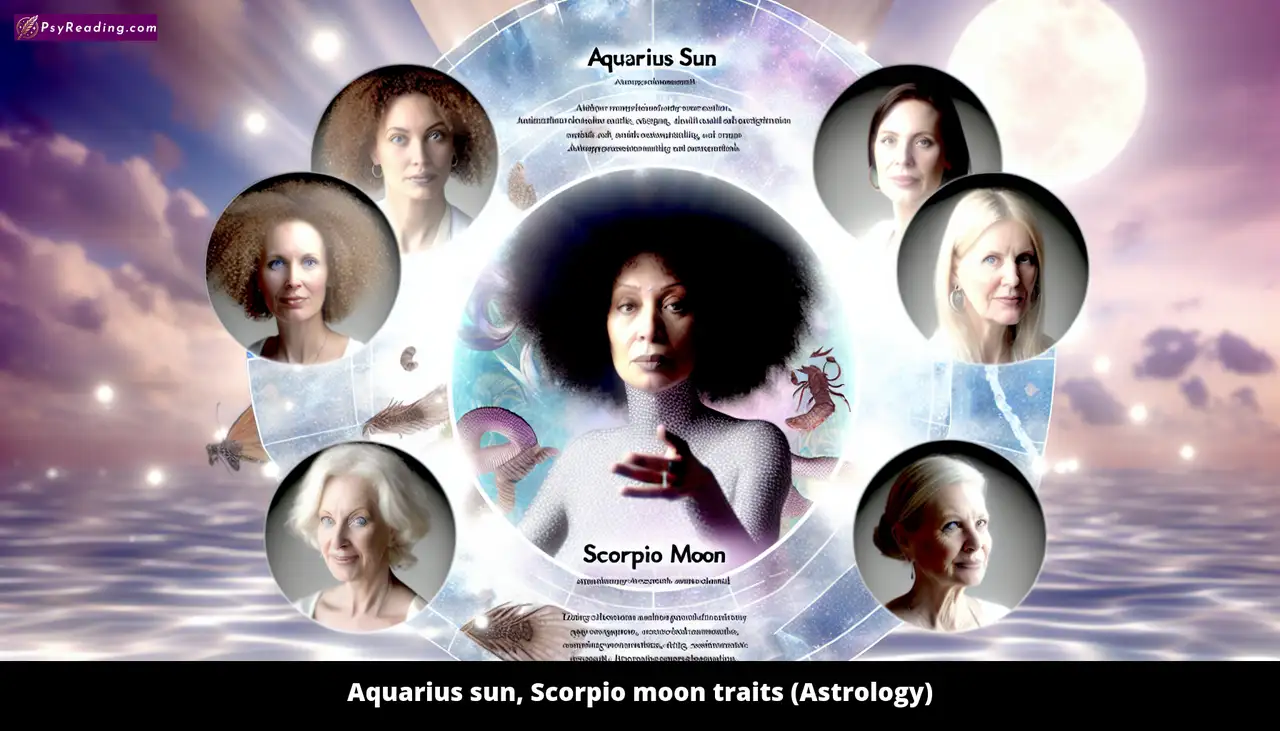 Aquarius sun, Scorpio moon traits astrology illustration.