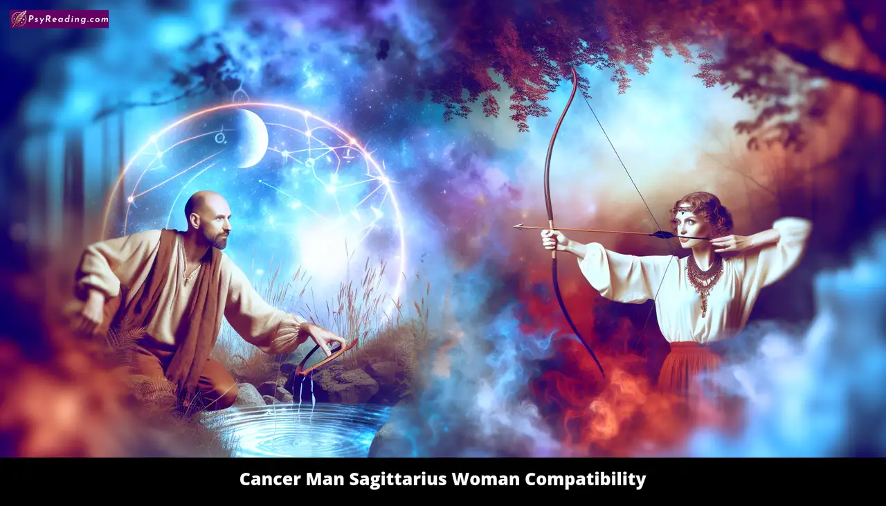 Cancer man and Sagittarius woman embrace.