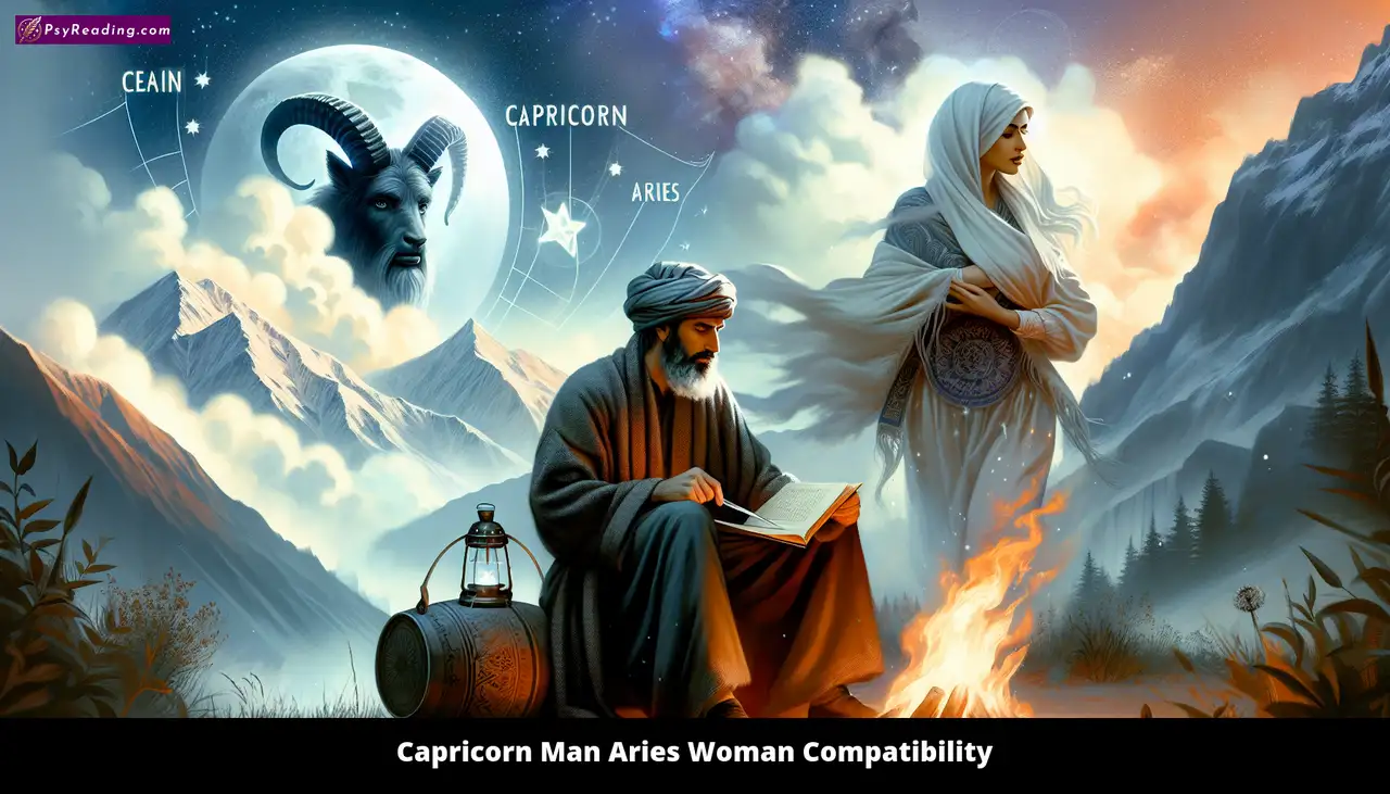 Capricorn man and Aries woman compatibility illustration.