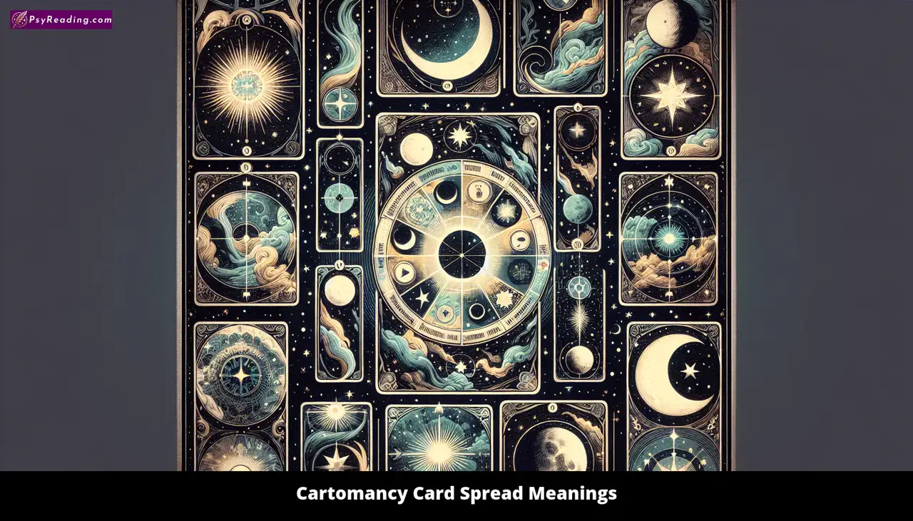 Cartomancy card spread meanings illustration.