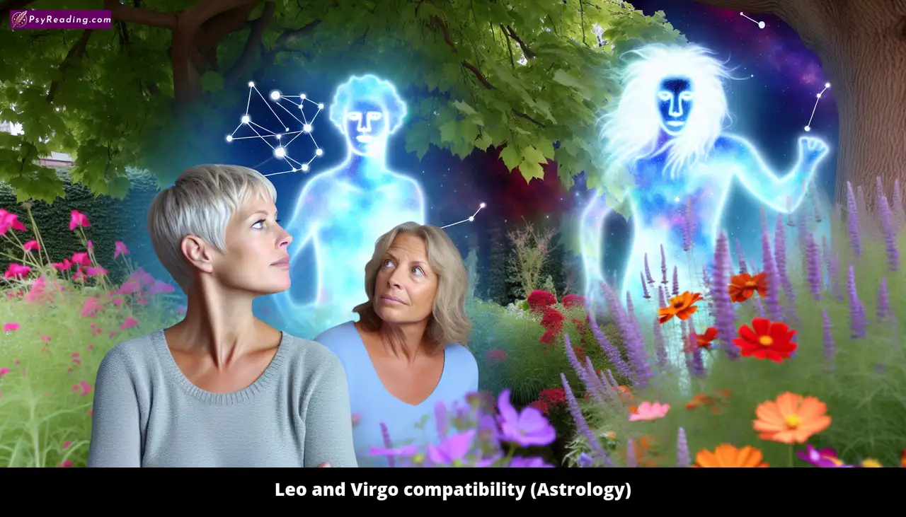 Leo and Virgo compatibility astrology image.