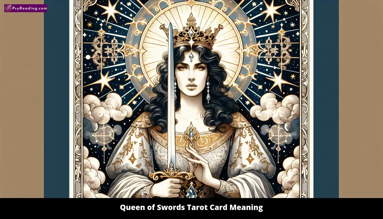 Queen of Swords Tarot Card Meaning - Woman holding sword with crown.