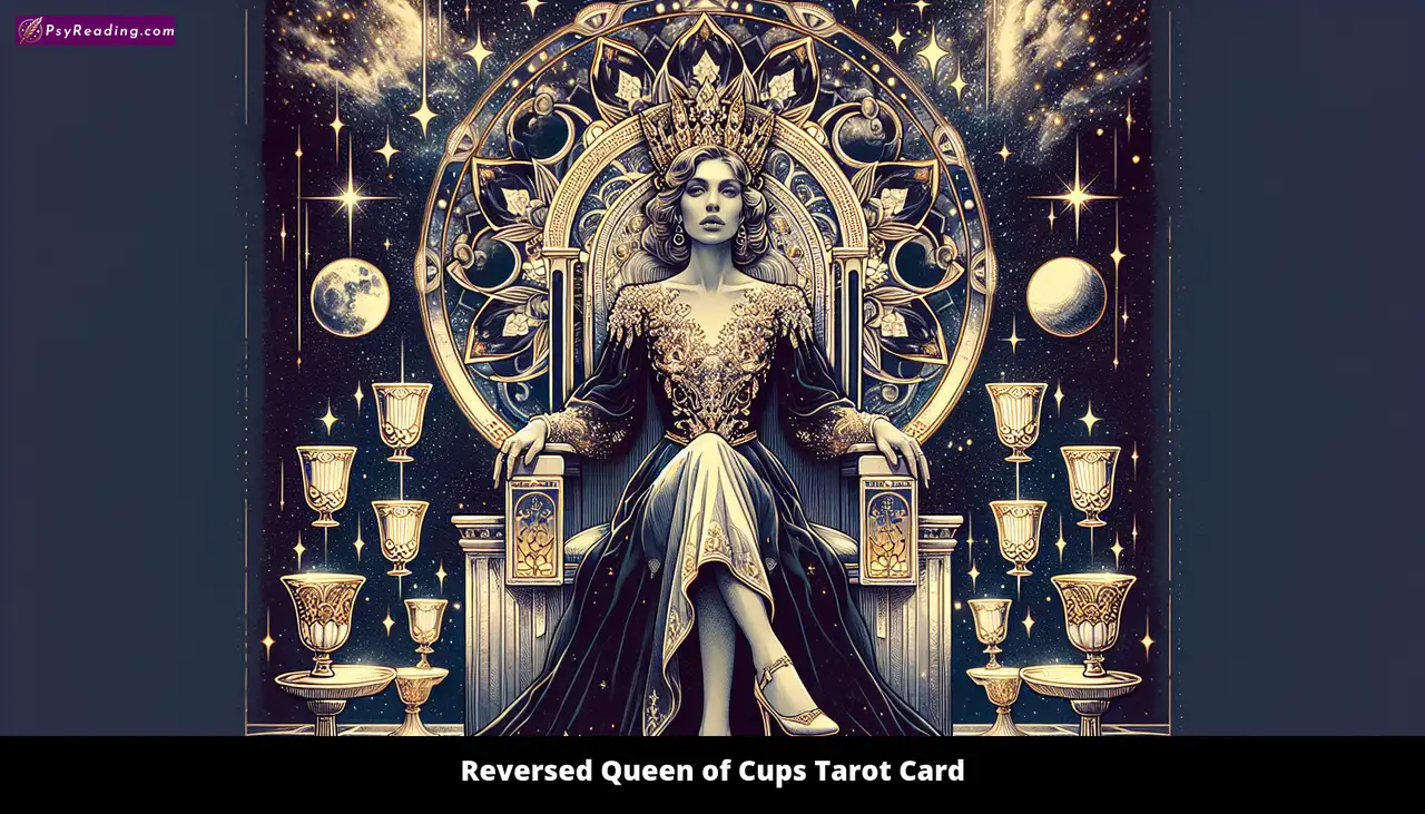 Reversed Queen of Cups Tarot Card - Intuition and emotions in turmoil.
