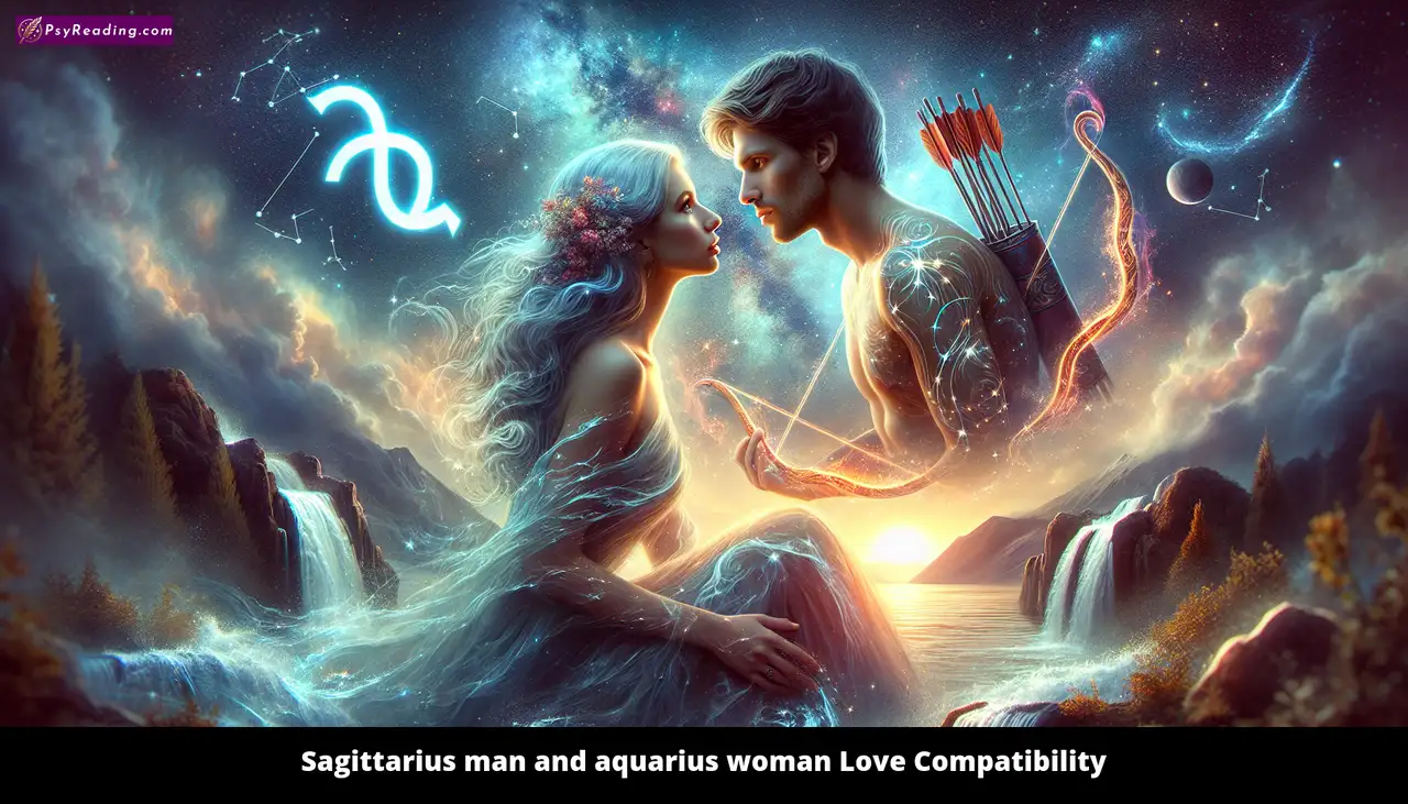 Sagittarius man and Aquarius woman embrace love.