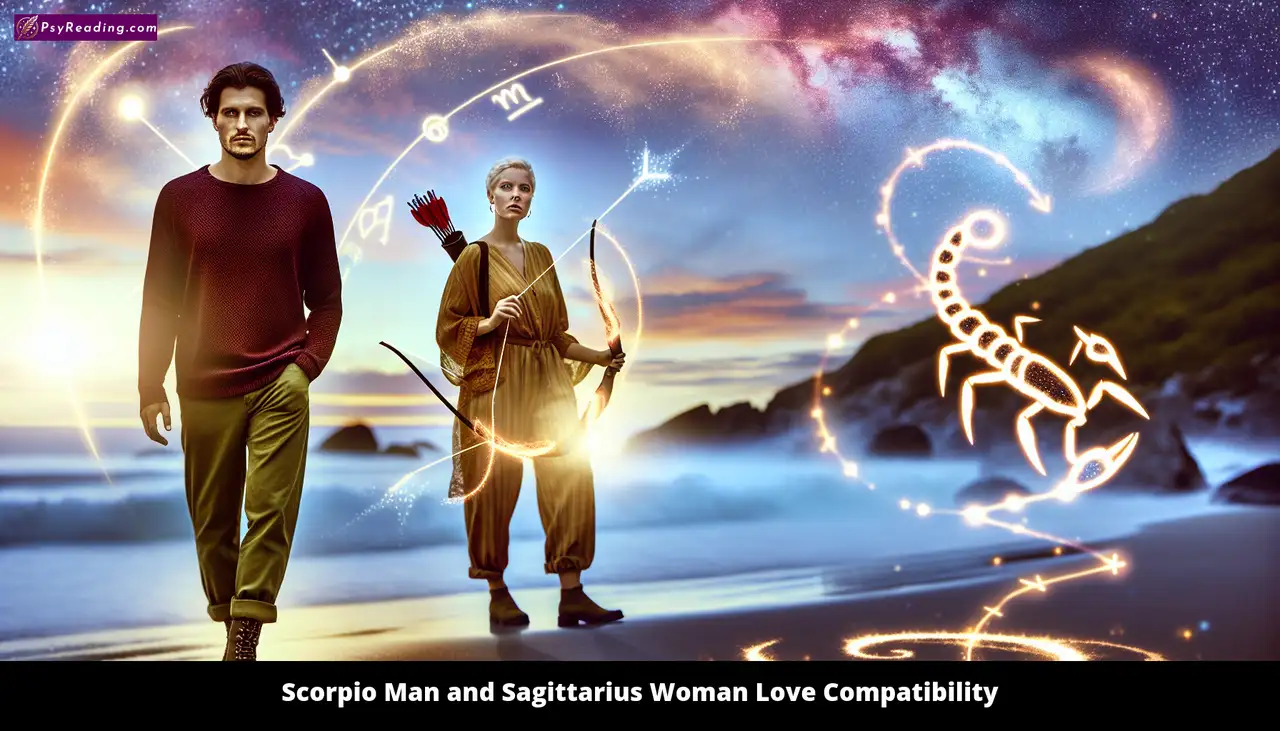 Scorpio man and Sagittarius woman embrace love.