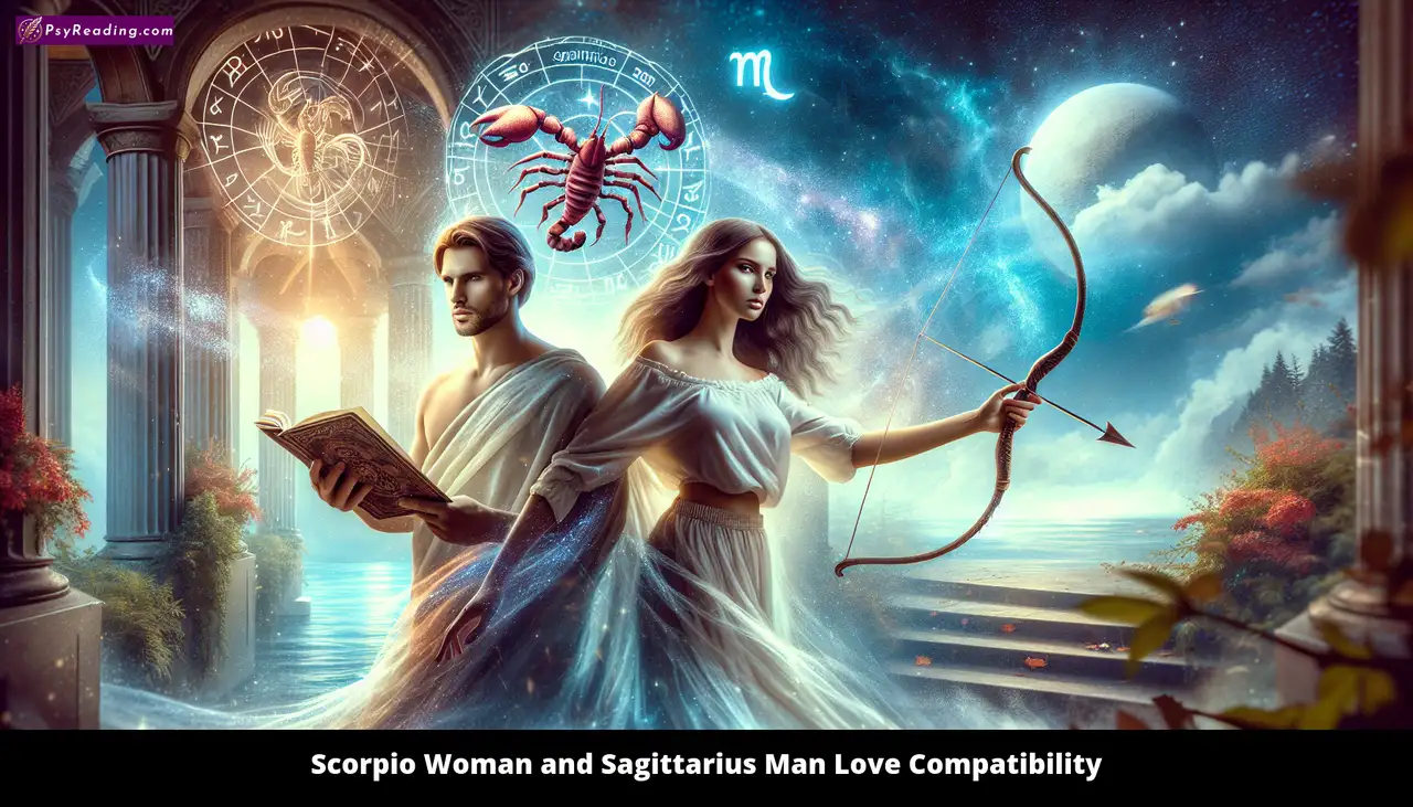 Scorpio woman and Sagittarius man embrace love.