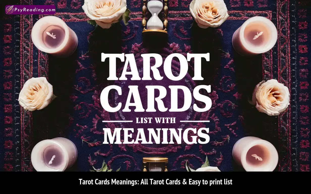 Illustration of comprehensive tarot card meanings list.