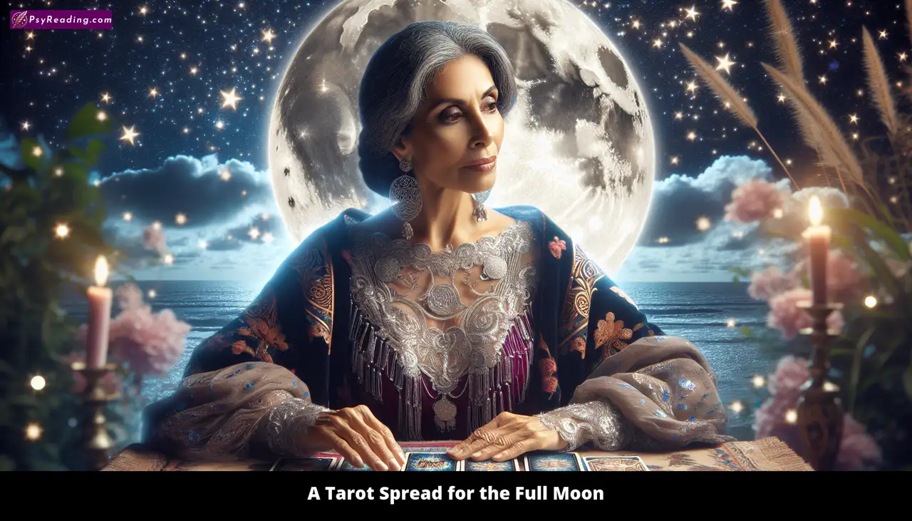 Tarot cards arranged for Full Moon guidance.