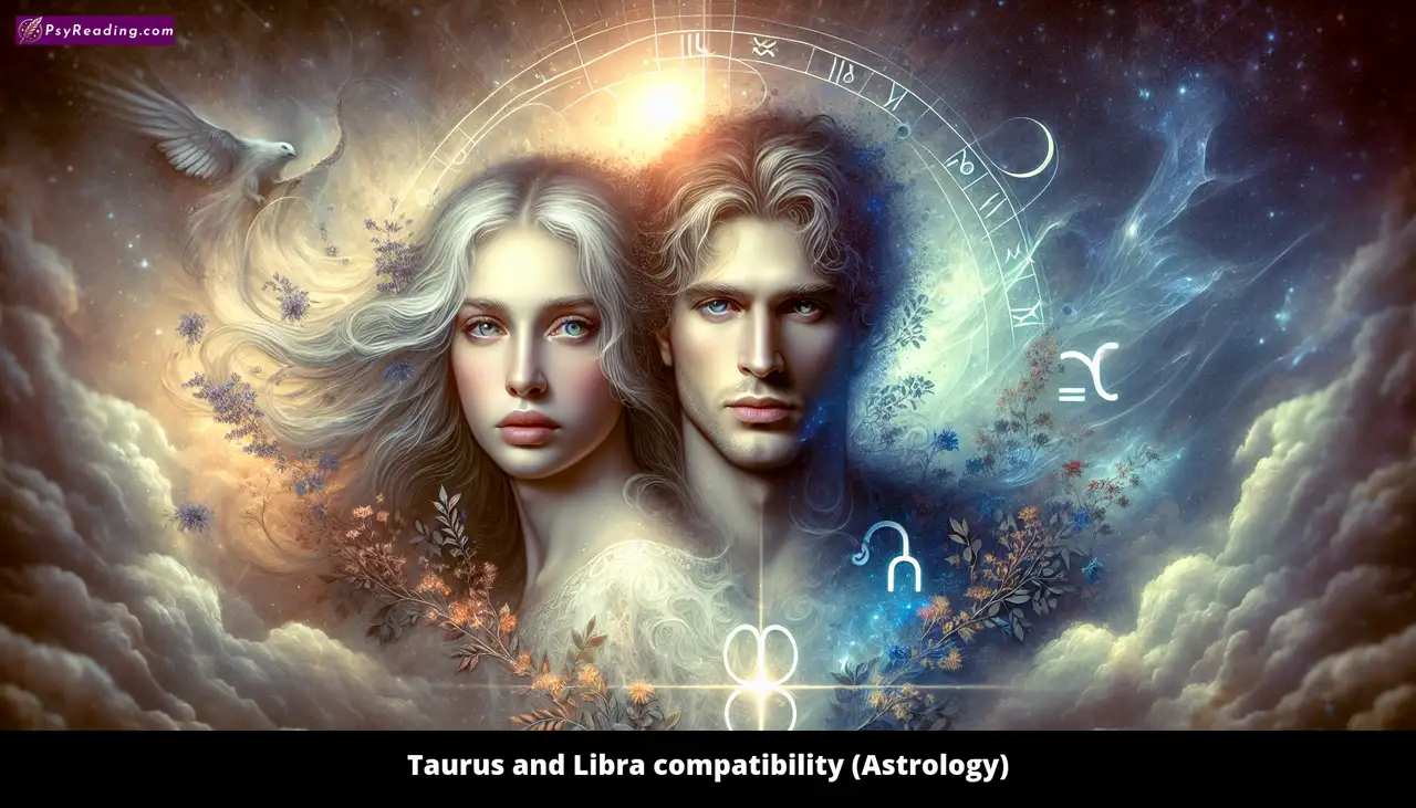 Taurus and Libra zodiac compatibility illustration.