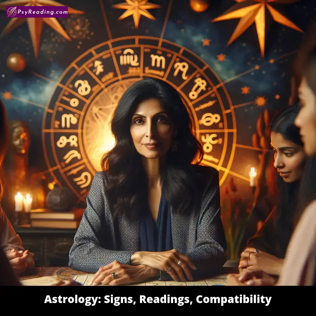 Astrology signs and compatibility readings illustration.