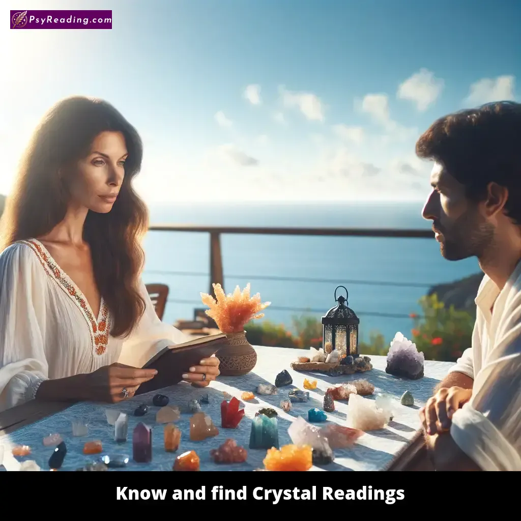 Crystal reading guide with mystical gemstones.